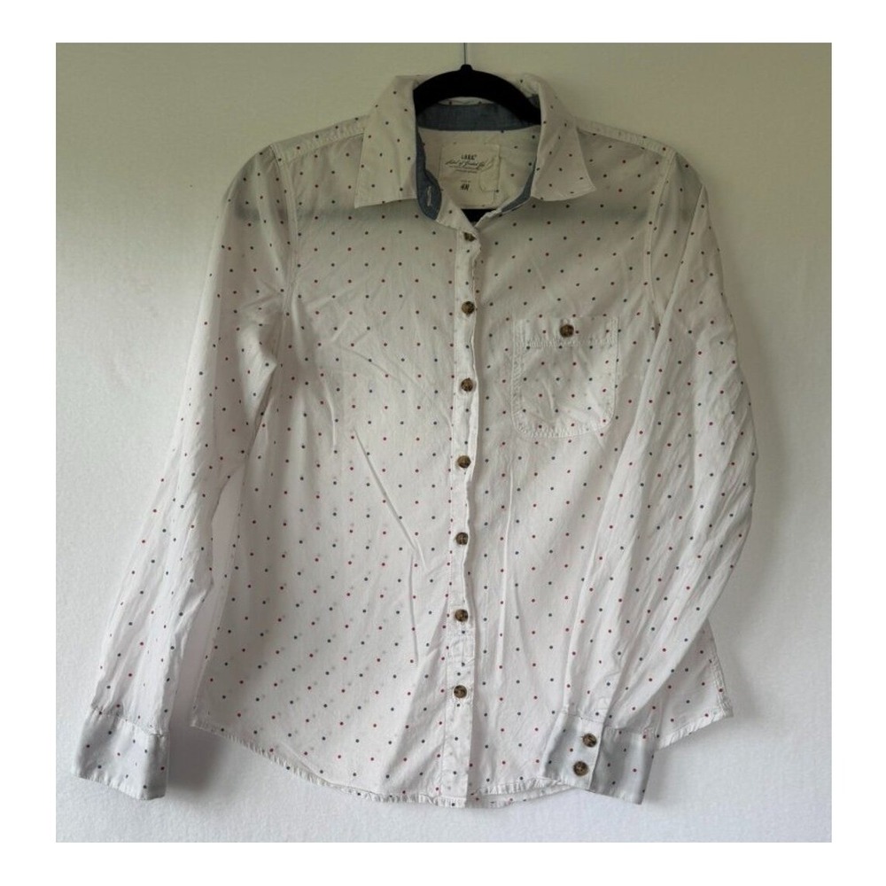 LOGG by H&M Polka Dot Button‑Up – White w/ Red & Blue Dots – Size 8